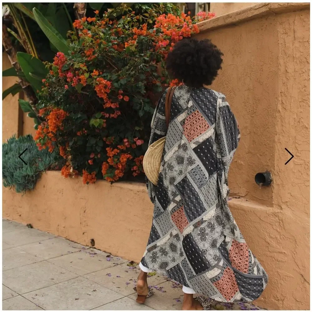 Jennafer Grace Handmade Belted Kimono Duster In Earl Grey Scarf Patchwork Boho L - Picture 6 of 11